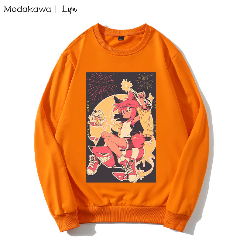 MODAKAWA X Lyn Sweatshirt mit rundem Kragen und Kitty-Girl-Print - Orange - 5XL - image 2