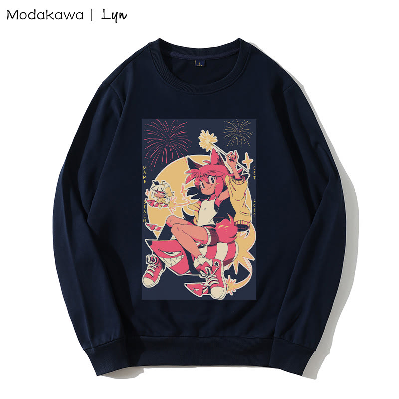 MODAKAWA X Lyn Sweatshirt mit rundem Kragen und Kitty-Girl-Print - Purplish Blue - 5XL - image 1