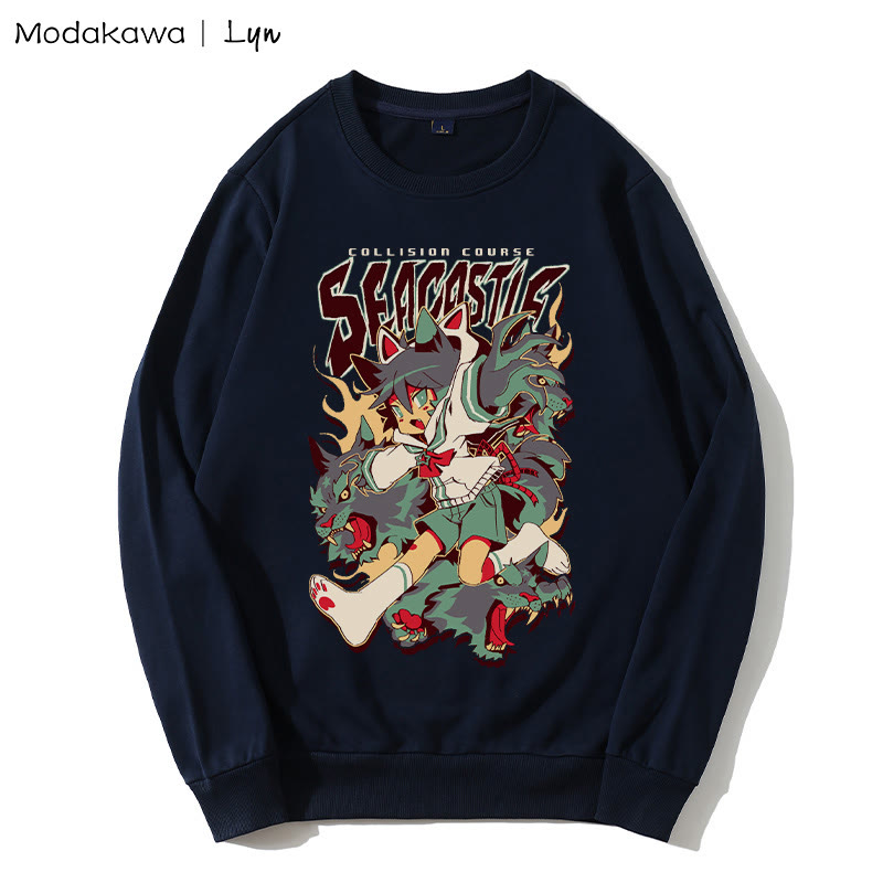 MODAKAWA X Lyn COLLISION COURSE Sweatshirt mit rundem Kragen und Kitty-Girl-Print - Purplish Blue - 5XL - image 2