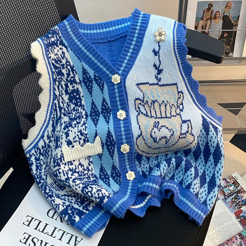 Strickweste mit V-Ausschnitt und Farben - Blau - One Size - image 1