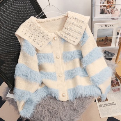Flauschiger gestreifter Strickcardigan - Weiß&Blau - XL - image 1