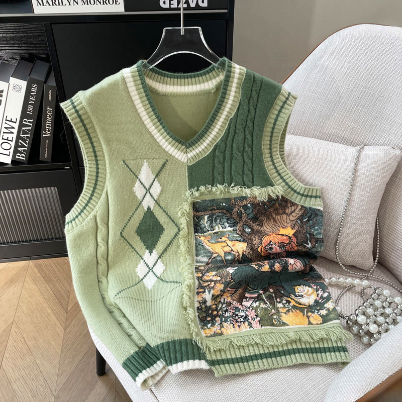 Strickweste mit V-Ausschnitt, Farben und Quaste - Grün - One Size - image 1