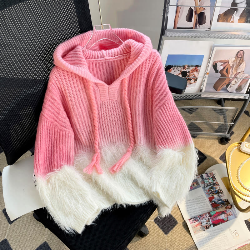 Flauschiger Patchwork-Strick-Kapuzenpullover - Rosa - One Size - image 2