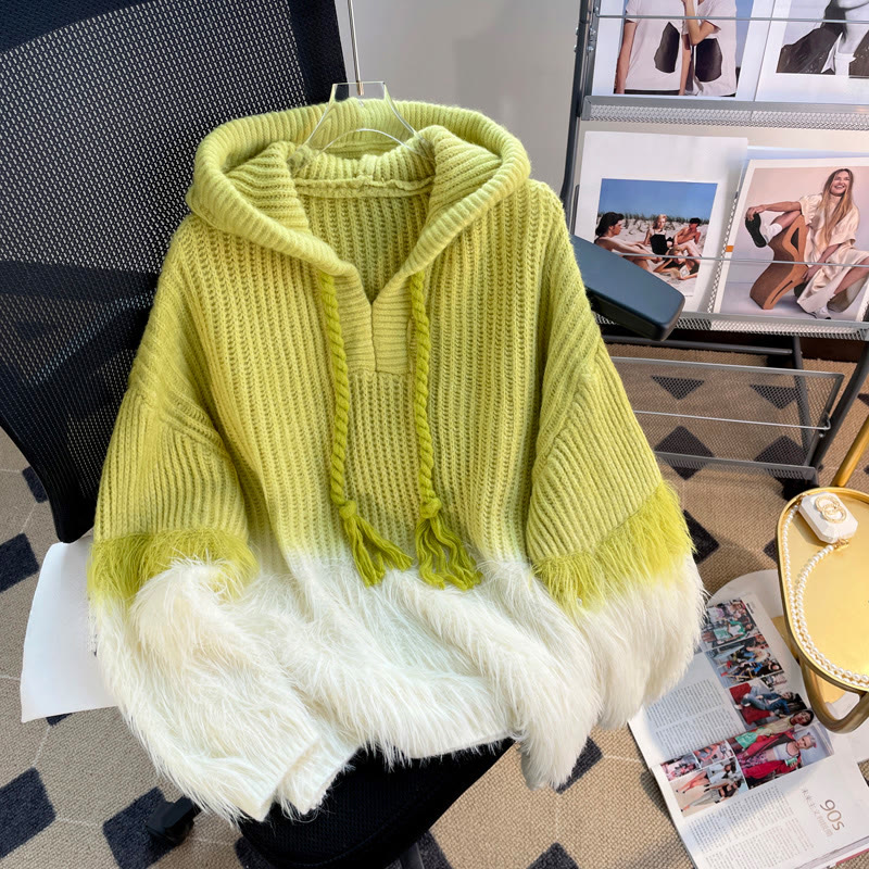 Flauschiger Patchwork-Strick-Kapuzenpullover - Grün - One Size - image 1