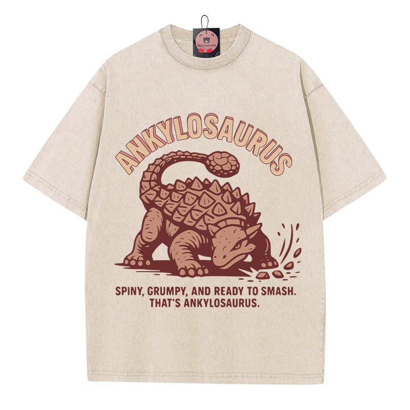 ANKYLOSAURUS Grumpy Dinosaurier Grafik Unisex Vintage gewaschenes T-Shirt - Aprikose - 5XL - image 2