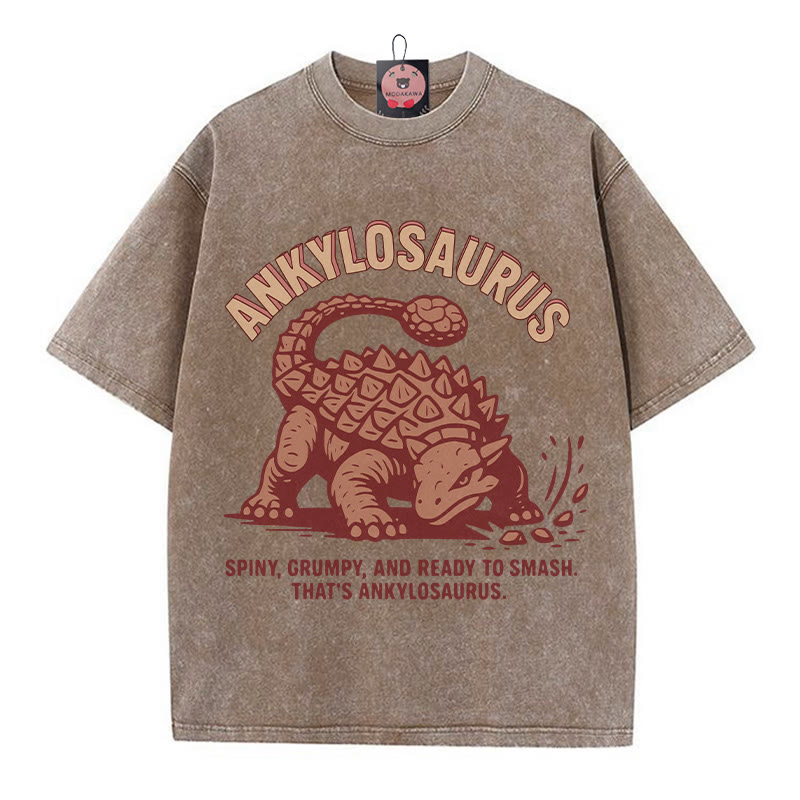 ANKYLOSAURUS Grumpy Dinosaurier Grafik Unisex Vintage gewaschenes T-Shirt - Braun - 5XL - image 1