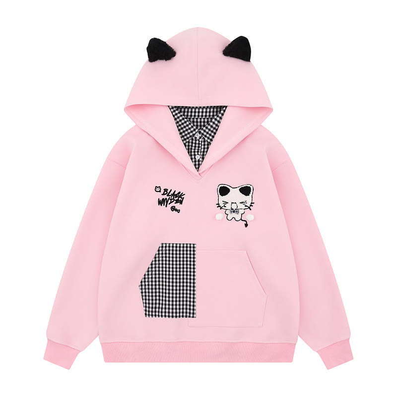 Gefälschte zweiteilige Kapuzenjacke mit Katzenohren und Karomuster - Rosa - XL - image 2