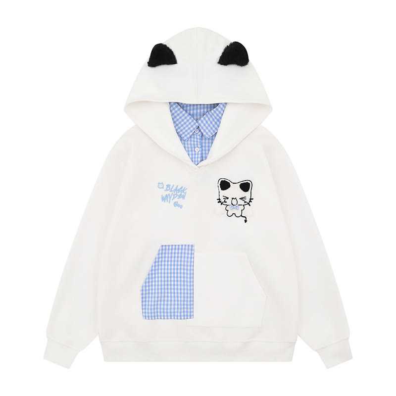 Gefälschte zweiteilige Kapuzenjacke mit Katzenohren und Karomuster - Weiß - XL - image 1