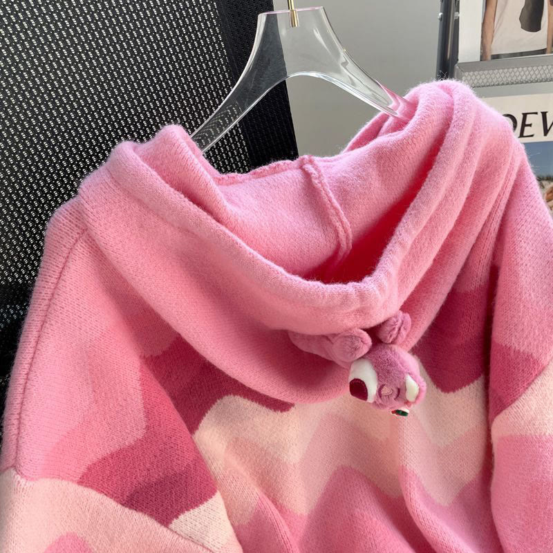 3D Erdbeere Wellenstreifen Strick Hoodie Pullover - image 3