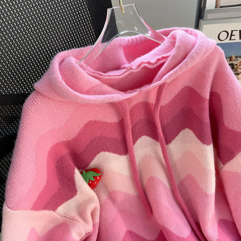 3D Erdbeere Wellenstreifen Strick Hoodie Pullover - image 2