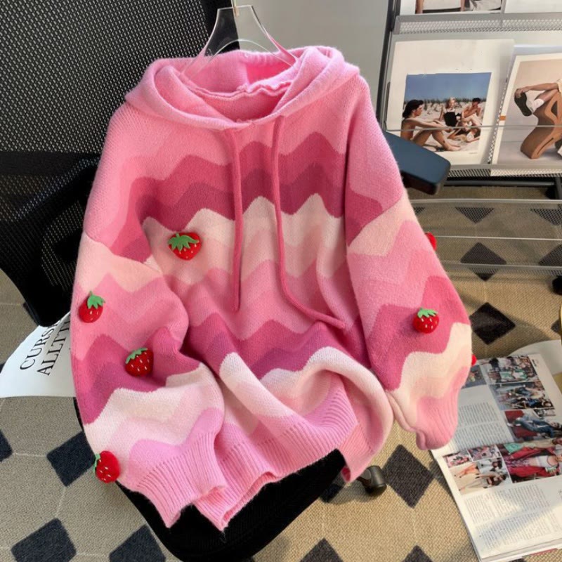 3D Erdbeere Wellenstreifen Strick Hoodie Pullover - Rosa - One Size - image 1