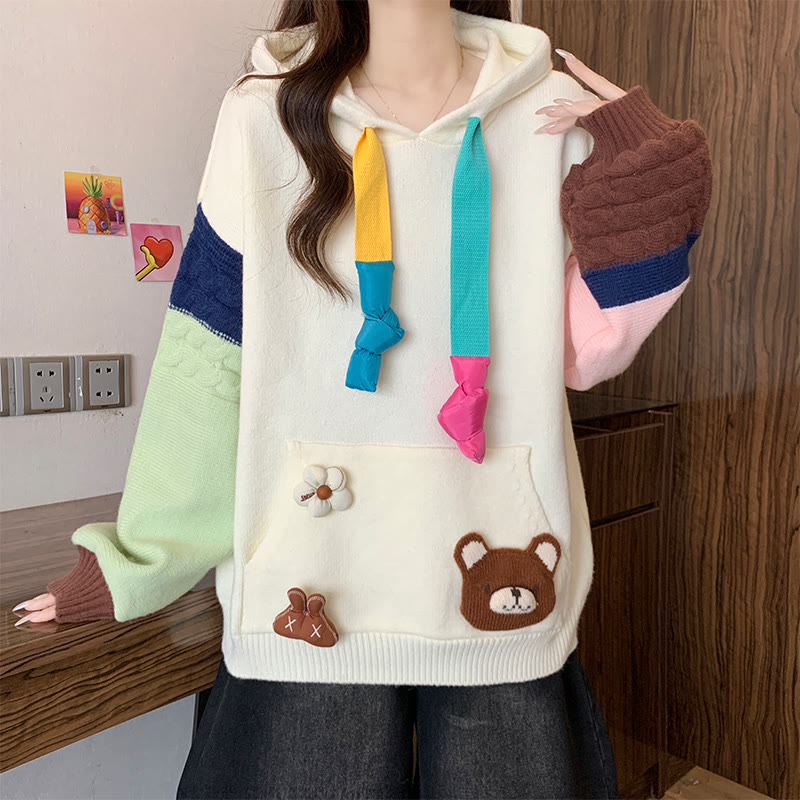 Strick-Hoodie mit 3D-Häschen-Blumen Farben - Weiß - One Size - image 2