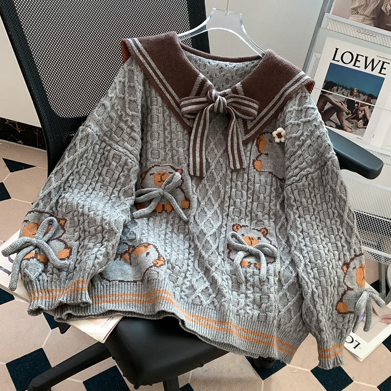 3D-Schleife Capybara Matrosenkragen Strickpullover - Grau - One Size - image 2