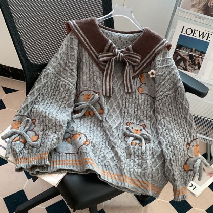 3D-Schleife Capybara Matrosenkragen Strickpullover - Grau - One Size - image 2