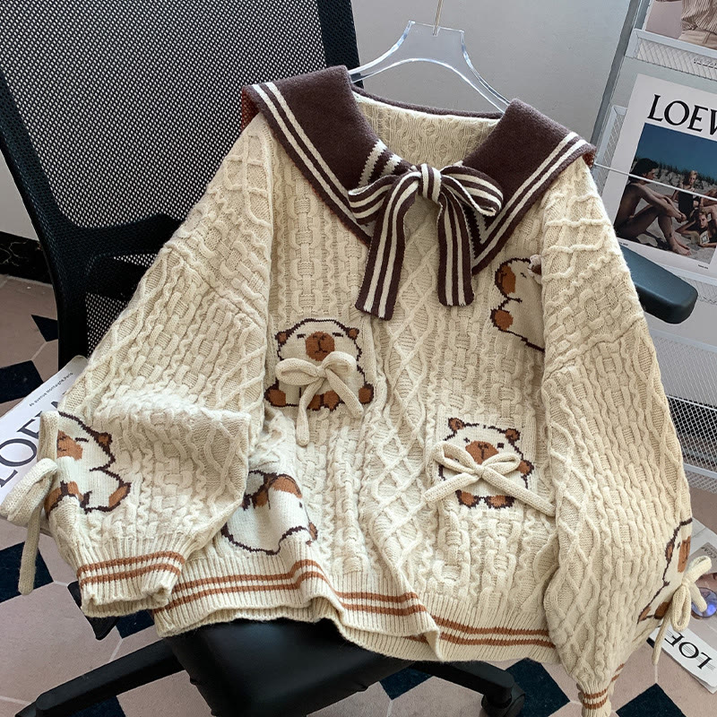 3D-Schleife Capybara Matrosenkragen Strickpullover - Aprikose - One Size - image 1