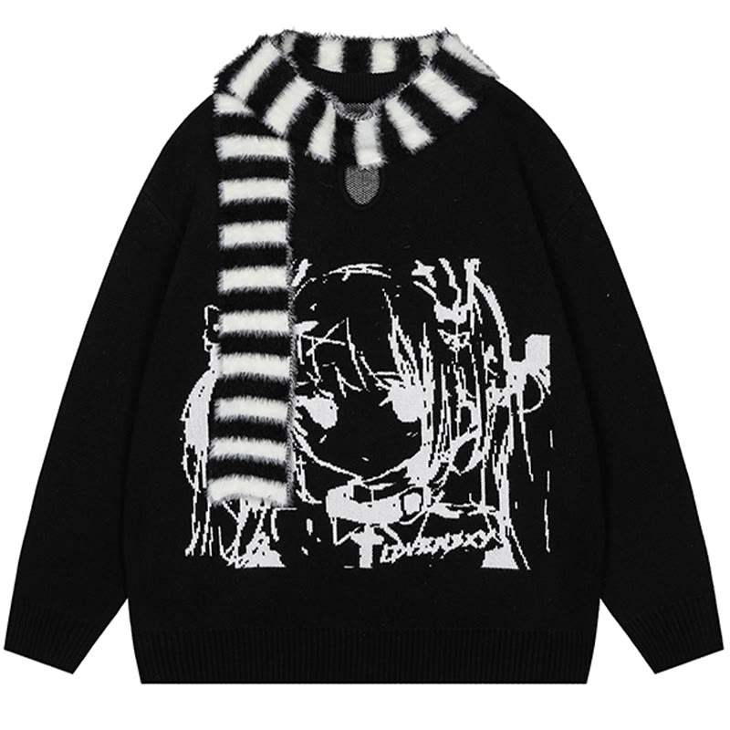 Lockerer Pullover mit Schal und Cartoon-Mädchen-Print - Schwarz - XL - image 2