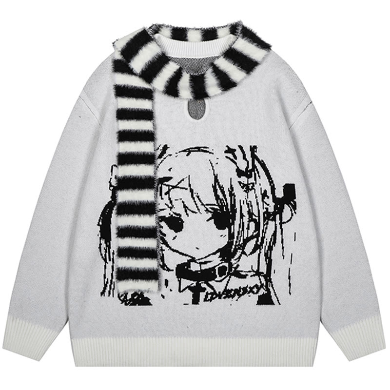 Lockerer Pullover mit Schal und Cartoon-Mädchen-Print - Weiß - XL - image 1