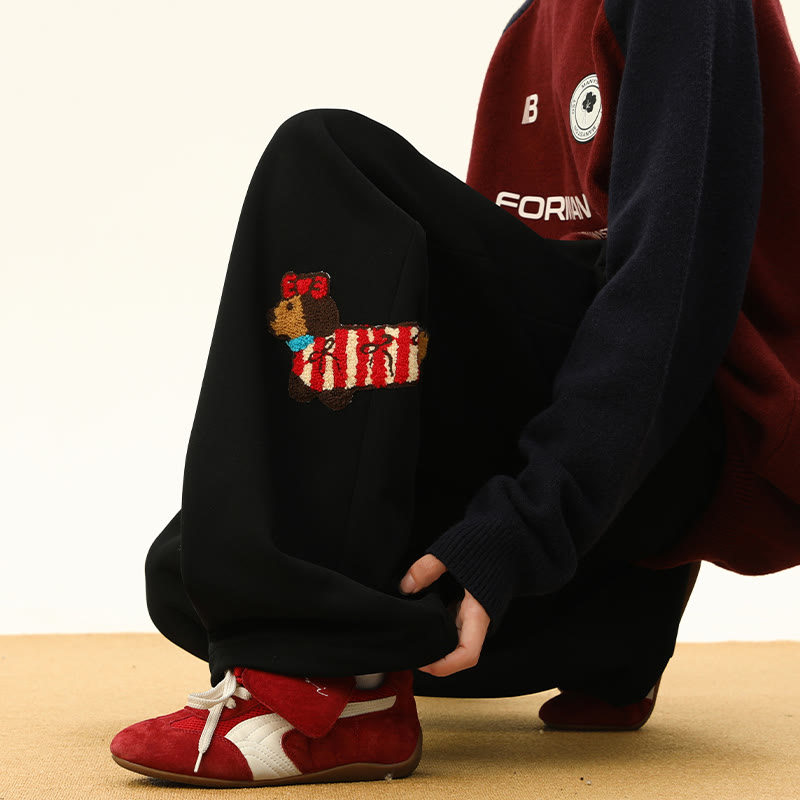 Gemütliche, dicke Sherpa-Fleece-Hose mit Welpenstickerei, Winter-Loungehose - Black  – Regular Fleece - 3XL - image 10