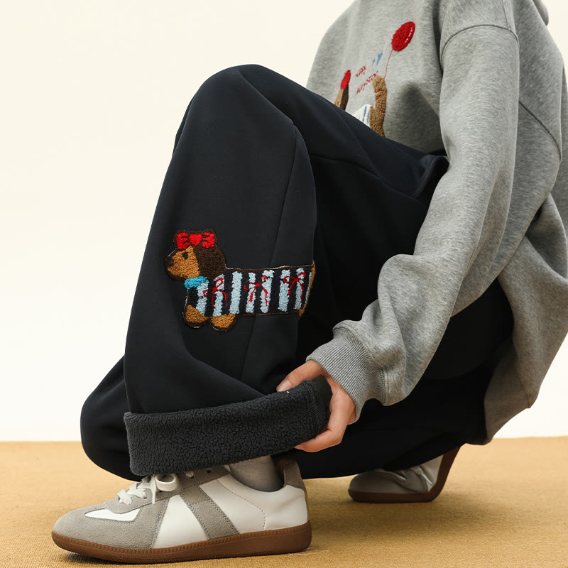 Gemütliche, dicke Sherpa-Fleece-Hose mit Welpenstickerei, Winter-Loungehose - Purplish Blue – Regular Fleece - 3XL - image 11