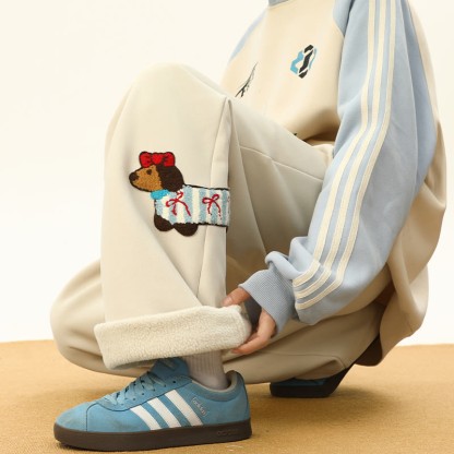 Gemütliche, dicke Sherpa-Fleece-Hose mit Welpenstickerei, Winter-Loungehose - Apricot – Regular Fleece - 3XL - image 7