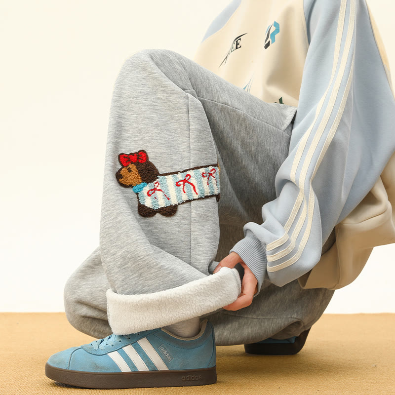 Gemütliche, dicke Sherpa-Fleece-Hose mit Welpenstickerei, Winter-Loungehose - Grey A – Regular Fleece - 3XL - image 8