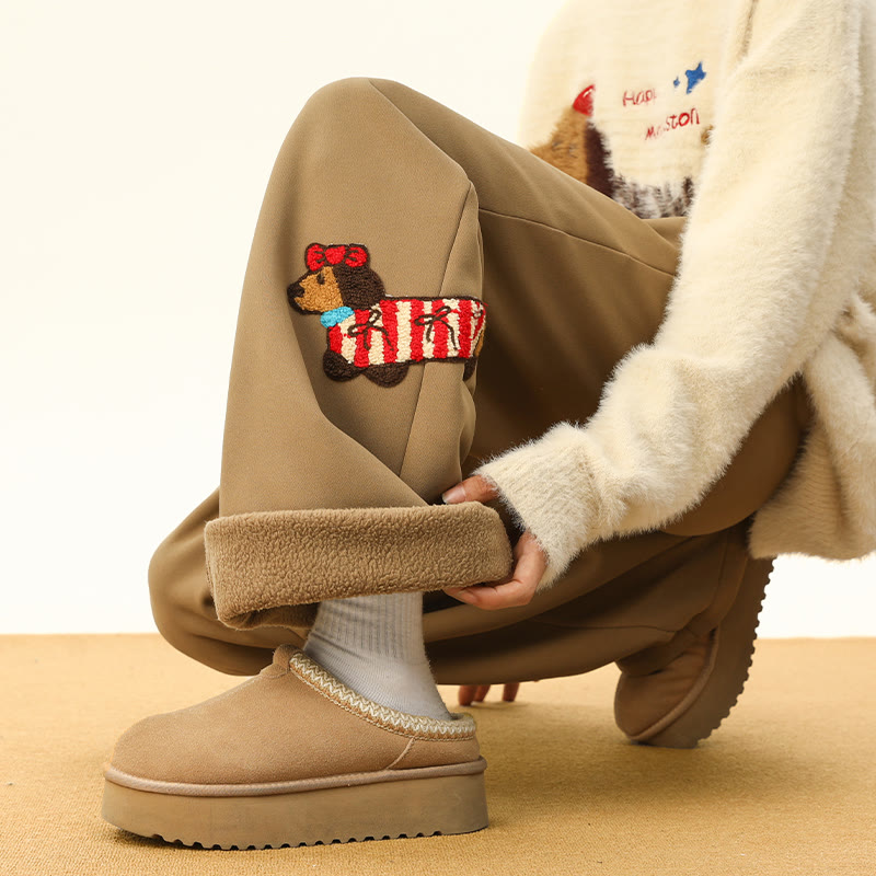 Gemütliche, dicke Sherpa-Fleece-Hose mit Welpenstickerei, Winter-Loungehose - Khaki – Regular Fleece - 3XL - image 6