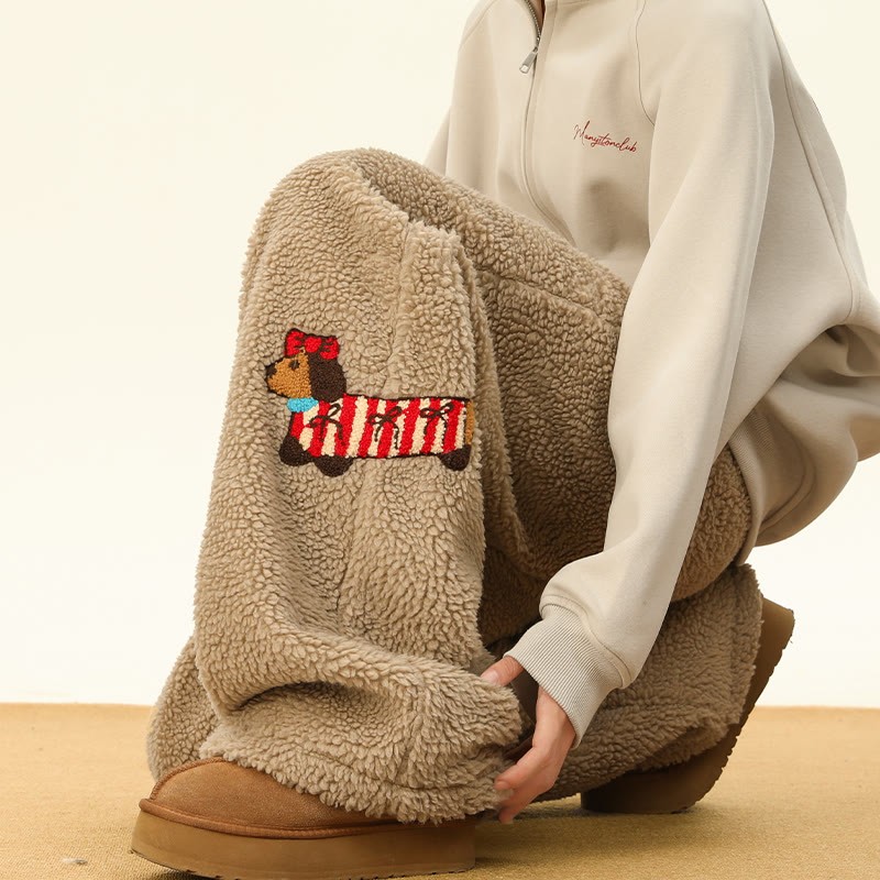 Gemütliche, dicke Sherpa-Fleece-Hose mit Welpenstickerei, Winter-Loungehose - image 1