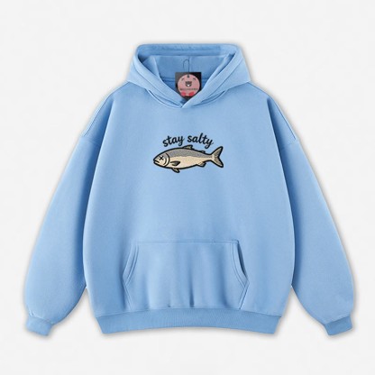 STAY SALTY Dead Fish Graphic Loose Hoodie - Blue - 5XL - image 3