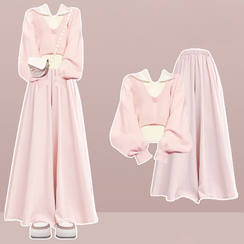 Dreiteiliges Set mit ärmellosem Strick-Oberteil und weitem Hosenrock - Rosa - XL - image 2