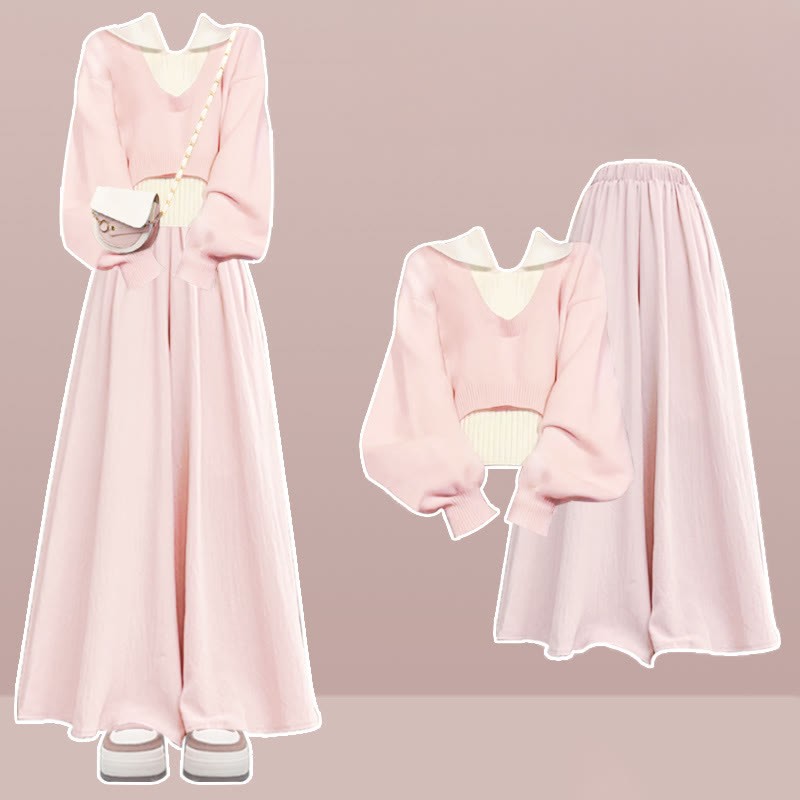 Dreiteiliges Set mit ärmellosem Strick-Oberteil und weitem Hosenrock - Rosa - XL - image 2
