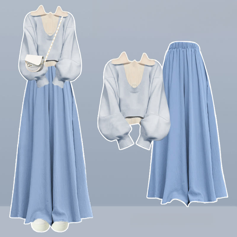 Dreiteiliges Set mit ärmellosem Strick-Oberteil und weitem Hosenrock - Blau - XL - image 1