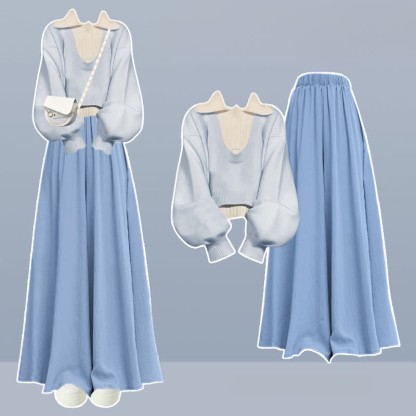 Dreiteiliges Set mit ärmellosem Strick-Oberteil und weitem Hosenrock - Blau - XL - image 1