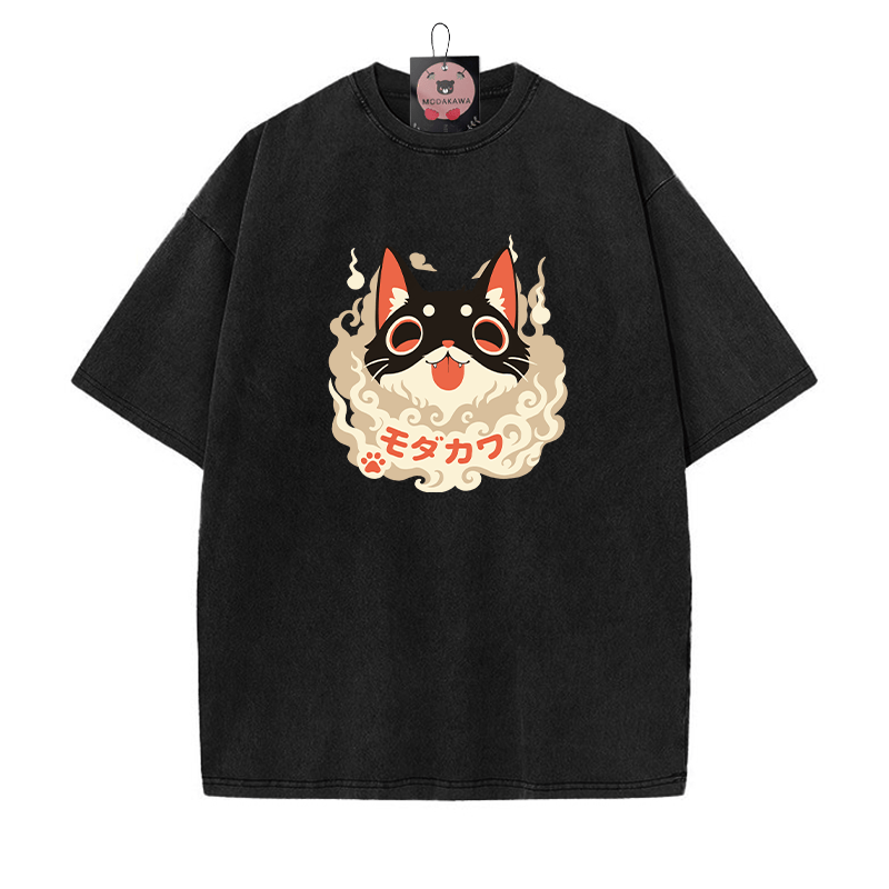 Verspieltes Unisex-T-Shirt mit Katzenzunge-herausgestreckter Grafik im Vintage-Look - Schwarz - 5XL - image 3