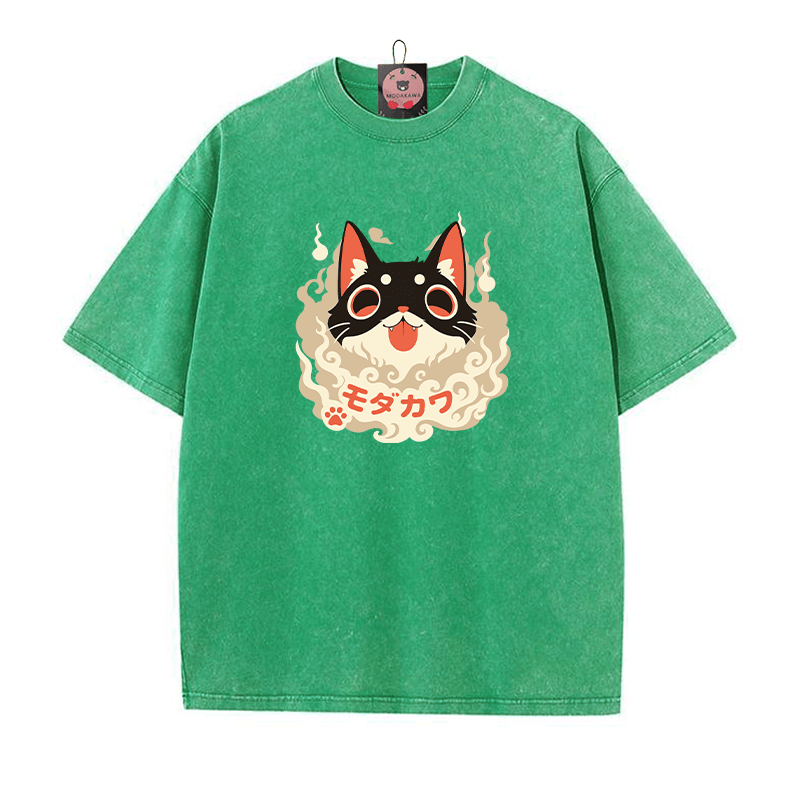 Verspieltes Unisex-T-Shirt mit Katzenzunge-herausgestreckter Grafik im Vintage-Look - Grün - 5XL - image 2