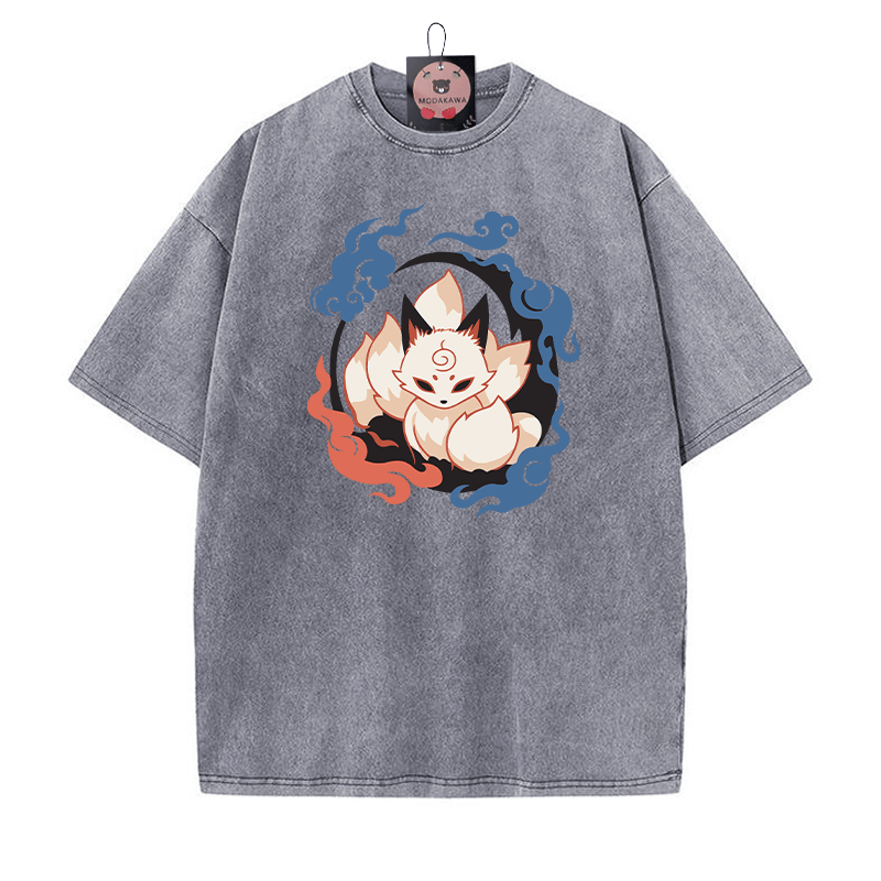 Mystischer neunschwänziger Fuchs Grafik Unisex Vintage Washed T-Shirt - Grau - 5XL - image 2