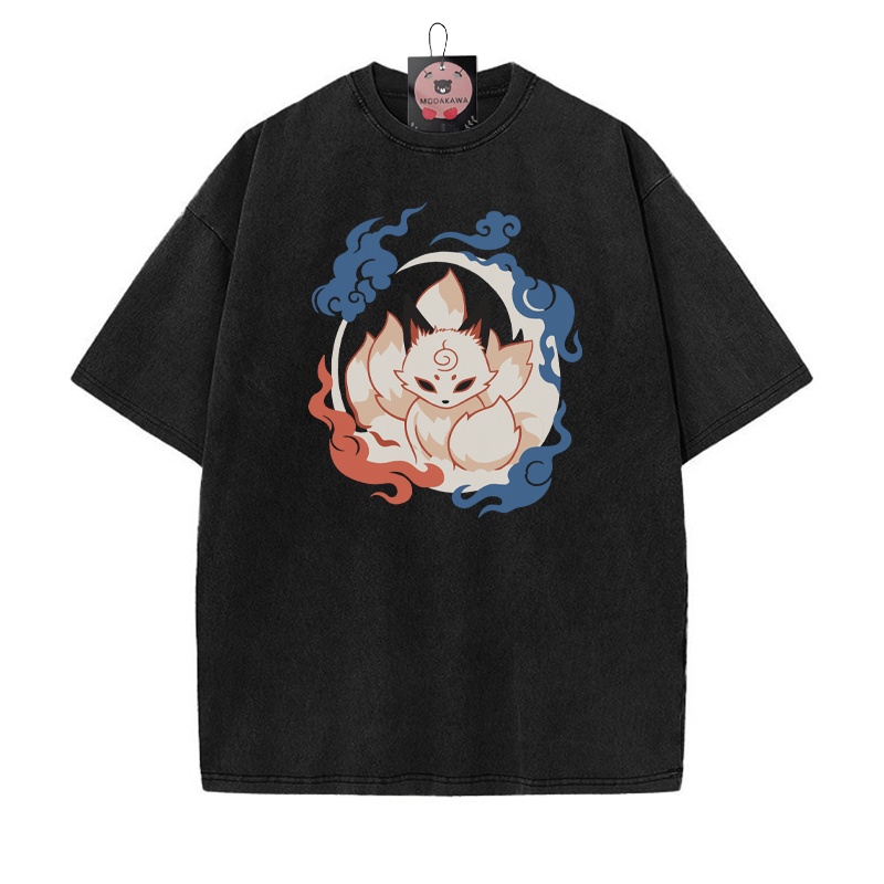 Mystischer neunschwänziger Fuchs Grafik Unisex Vintage Washed T-Shirt - Schwarz - 5XL - image 1