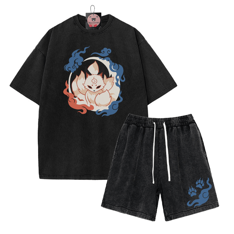 Neunschwänziges Fuchs-T-Shirt, Paw Flame-Shorts, Vintage-gewaschene Streetwear, zweiteiliges Set - Black - 3XL - image 8
