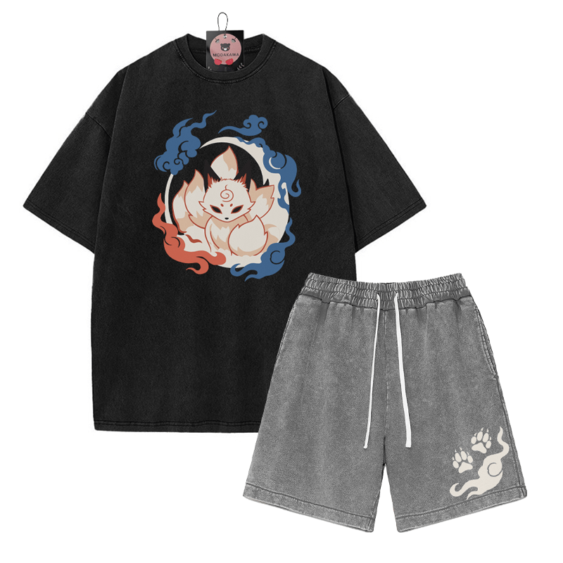 Neunschwänziges Fuchs-T-Shirt, Paw Flame-Shorts, Vintage-gewaschene Streetwear, zweiteiliges Set - Black&Grey - 3XL - image 7