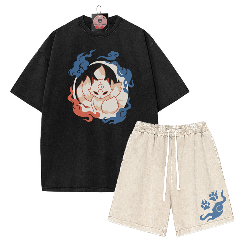 Neunschwänziges Fuchs-T-Shirt, Paw Flame-Shorts, Vintage-gewaschene Streetwear, zweiteiliges Set - Black&Apricot - 3XL - image 6
