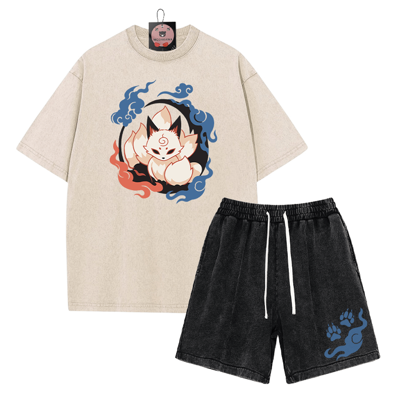 Neunschwänziges Fuchs-T-Shirt, Paw Flame-Shorts, Vintage-gewaschene Streetwear, zweiteiliges Set - Apricot&Black - 3XL - image 3