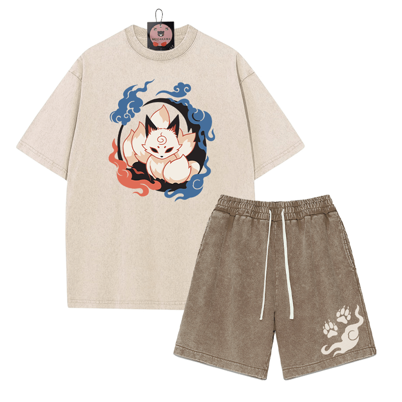 Neunschwänziges Fuchs-T-Shirt, Paw Flame-Shorts, Vintage-gewaschene Streetwear, zweiteiliges Set - Apricot&Brown - 3XL - image 2