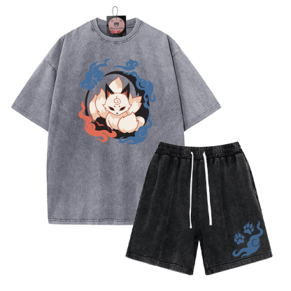 Neunschwänziges Fuchs-T-Shirt, Paw Flame-Shorts, Vintage-gewaschene Streetwear, zweiteiliges Set - Grey&Black - 3XL - image 1