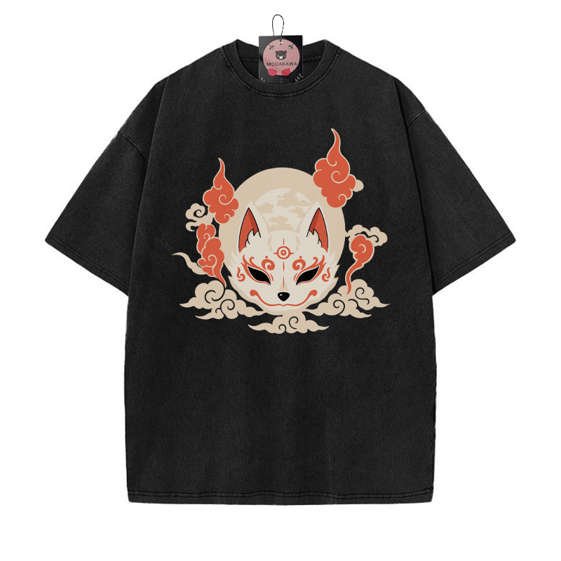 Mystic Fox Grafik Unisex Vintage Washed T-Shirt - Schwarz - 5XL - image 3