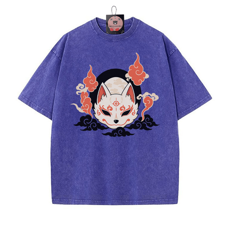 Mystic Fox Grafik Unisex Vintage Washed T-Shirt - Blau - 5XL - image 2