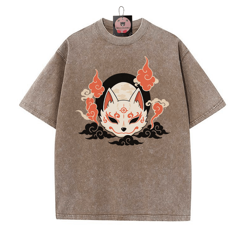 Mystic Fox Grafik Unisex Vintage Washed T-Shirt - Braun - 5XL - image 1