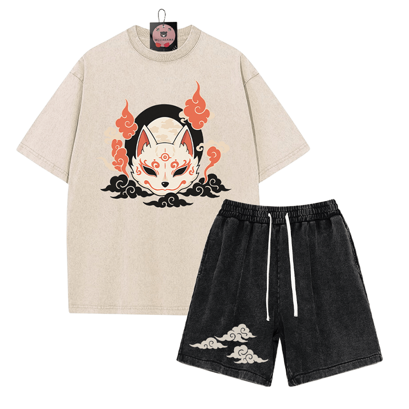 Mystic Fox T-Shirt Oriental Cloud Shorts Vintage Washed Streetwear Zweiteiliges Set - Apricot&Black - 3XL - image 2