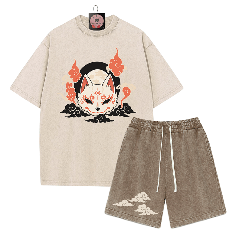 Mystic Fox T-Shirt Oriental Cloud Shorts Vintage Washed Streetwear Zweiteiliges Set - Apricot&Brown - 3XL - image 1