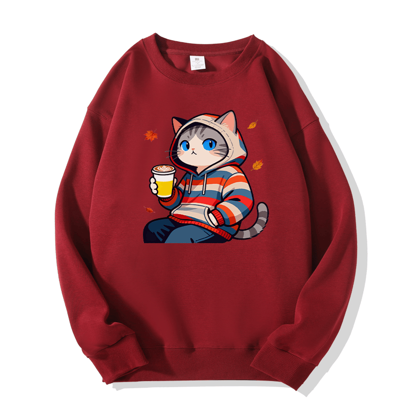 Sweatshirt mit Rundhalsausschnitt und Katzenmotiv im Herbst-Look - Wine Red - 5XL - image 2