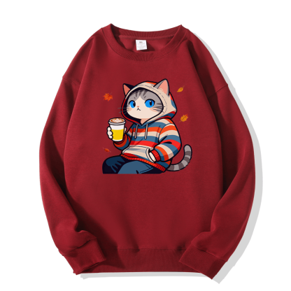 Sweatshirt mit Rundhalsausschnitt und Katzenmotiv im Herbst-Look - Wine Red - 5XL - image 2