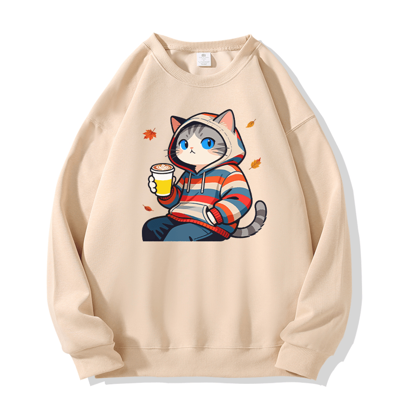 Sweatshirt mit Rundhalsausschnitt und Katzenmotiv im Herbst-Look - Apricot - 5XL - image 1